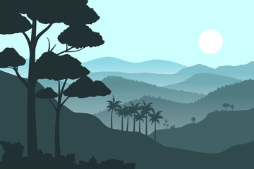 vector illustration of natural silhouette landscape in the mountains of tropical forests