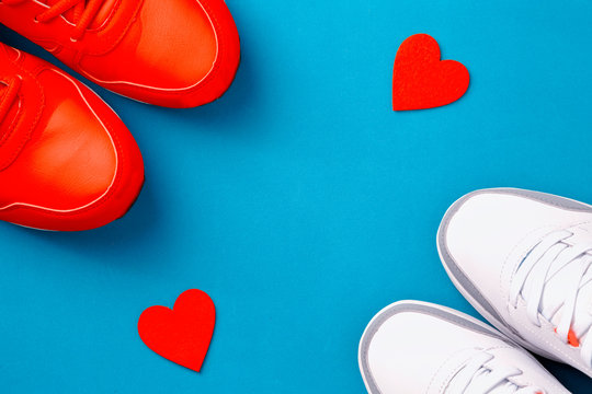 Sneakers with colorful laces. The idea of Valentine's Day,sport healthy heart