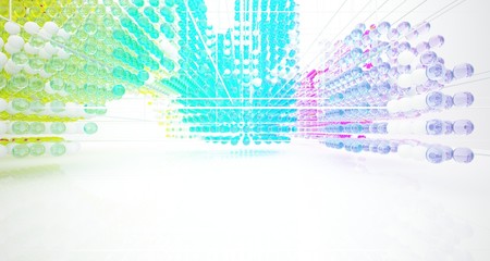 Abstract white interior from array colored gradient glasses spheres with large window. 3D illustration and rendering.