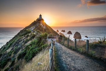 Nugget point Lighthouse. Beautiful sunrise landscape scenery. Walkway path to lighthouse in New...