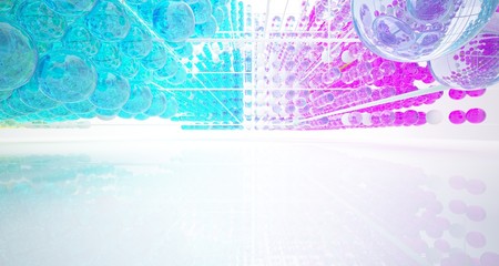 Abstract white interior from array colored gradient glasses spheres with large window. 3D illustration and rendering.