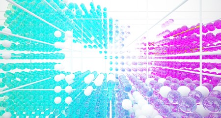 Fototapeta premium Abstract white interior from array colored gradient glasses spheres with large window. 3D illustration and rendering.