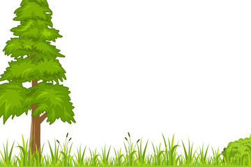 Natural background with grass and fir trees, vector design for printed cards and templates