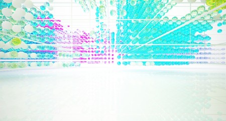 Abstract white interior from array colored gradient glasses spheres with large window. 3D illustration and rendering.
