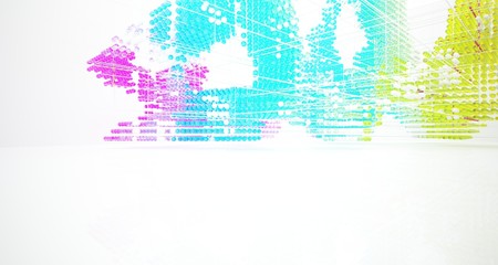 Fototapeta premium Abstract white interior from array colored gradient glasses spheres with large window. 3D illustration and rendering.