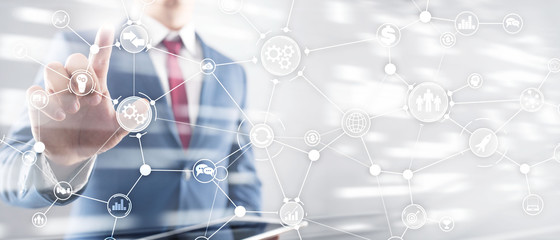 Business process structure industrial workflow diagram automation innovation concept on virtual screen mixed media.