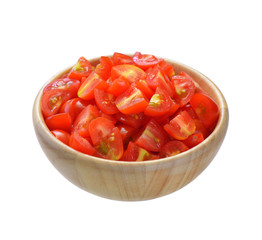 Cherry tomato sliced in wooden bowl