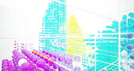 Abstract white interior from array colored gradient glasses spheres with large window. 3D illustration and rendering.