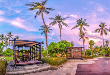 Outdoor seating area with palm trees at twilight