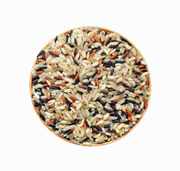 Mixed rice in wooden bowl on white