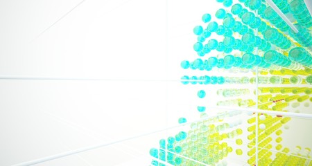 Abstract white interior from array colored gradient glasses spheres with large window. 3D illustration and rendering.