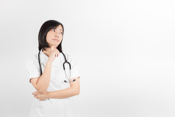 Young asian nurse with a stethoscope thinking something isolated over white background.