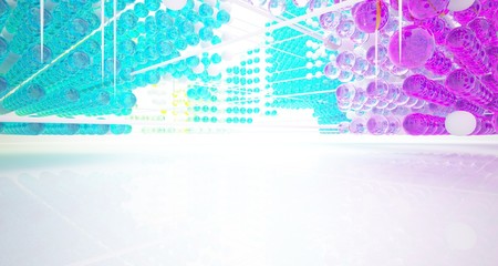Abstract white interior from array colored gradient glasses spheres with large window. 3D illustration and rendering.