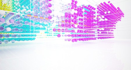 Abstract white interior from array colored gradient glasses spheres with large window. 3D illustration and rendering.