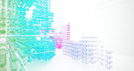 Obraz premium Abstract white interior from array colored gradient glasses spheres with large window. 3D illustration and rendering.