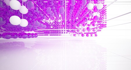 Obraz premium Abstract white interior from array colored gradient glasses spheres with large window. 3D illustration and rendering.