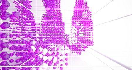 Abstract white interior from array colored gradient glasses spheres with large window. 3D illustration and rendering.