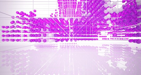 Abstract white interior from array colored gradient glasses spheres with large window. 3D illustration and rendering.