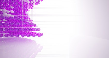 Abstract white interior from array colored gradient glasses spheres with large window. 3D illustration and rendering.