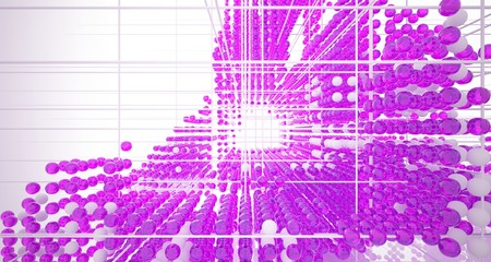 Abstract white interior from array colored gradient glasses spheres with large window. 3D illustration and rendering.