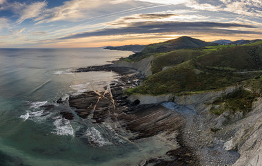 Zumaia flysch geological strata layers drone aerial view, Basque Country