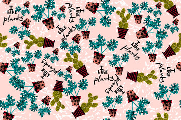 seamless pattern with indoor plants. hand drawn vector. Decorative blossom, blooming vintage backdrop. Wrapping paper, textile, background retro color design