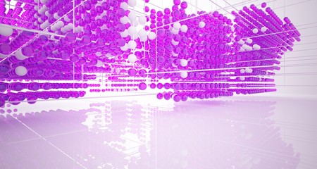 Abstract white interior from array colored gradient glasses spheres with large window. 3D illustration and rendering.