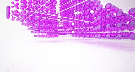 Abstract white interior from array colored gradient glasses spheres with large window. 3D illustration and rendering.