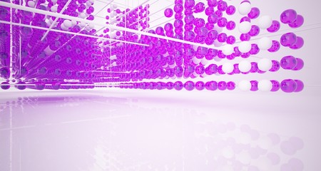 Abstract white interior from array colored gradient glasses spheres with large window. 3D illustration and rendering.