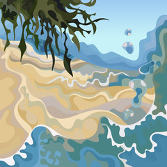 Fototapeta na wymiar abstract cartoon sea background with waves and plants