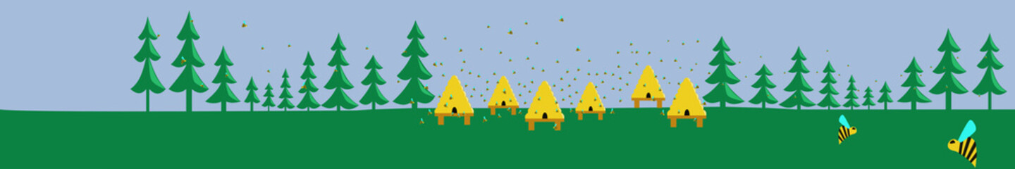 Bee hives with the bees in the middle of the forest. Illustrations. Vector. Bee. Bee-hive. Trees. Forest. Coniferous trees.