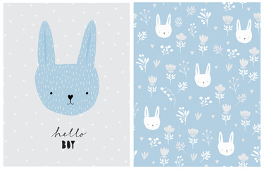 Naklejka na ściany i meble Lovely Card and Seamless Vector Pattern with Cute Bunny and Abstract Garden. Lovely Rabbit Boy on a Light Gray Background. Blue Baby Shower Vector Print for Card, Wall Art,Fabric, Textile, Invitation.