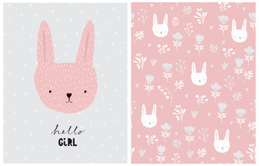 Lovely Card and Seamless Vector Pattern with Cute Bunny and Abstract Garden. Lovely Rabbit Girl on a Light Gray Background. Pink Baby Shower Vector Print for Card, Wall Art, Fabric,Textile,Invitation.