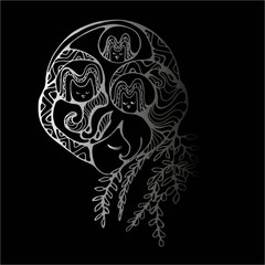 Chalk on a blackboard. Illustration of a girl with owls in her head. A meditative image of the spirit of the forest. The idea for a tattoo.