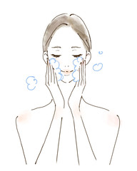 顔を洗う女性　潤い美容ケア　すすぎ　手書きイラスト　水彩風
