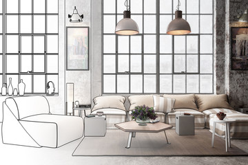 Industrial Luxury Loft with Furniture (draft) - 3d visualization