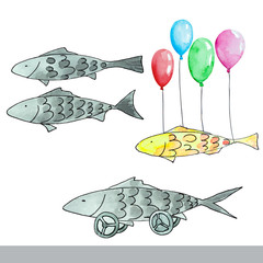 Set of funny grey fish and yellow fish flying on multicolored balloons. Hand drawn watercolor.