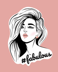 Vector hand drawn illustration of girl with her hair. Creative artwork. Template for card, poster, banner, print for t-shirt, pin, badge, patch. #fabulous
