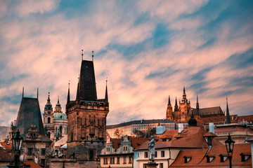 Obraz premium View of Prague Castle at night from Charles Bridge in Czech Republic, Prague.