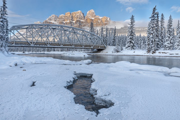 Bridge and Castle Mountain at Castle Junction in Banff National Park, Alberta, Canada