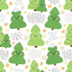 Obraz premium Cute Scandinavian Christmas Trees seamless pattern background with hand drawn cartoon characters of Fir Trees