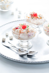 Dessert dish of Ambrosia salad.