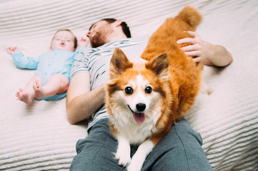 Dad and baby are lying on the bed with the dog. Close-up portrait
