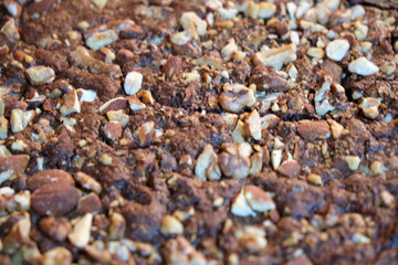 close up cenital view of a brownie dessert with nuts and almonds