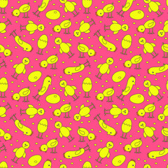 Doodle chickens on a red background. Easter seamless vector pattern. Cartoon chickens and eggs hand drawing . Print for clothing, fabrics, packaging, backgrounds