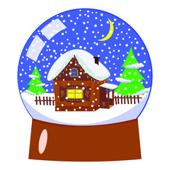 snow ball with a house and Christmas trees. Vector isolated color image on a white background. Christmas glass ball, snow, house, Christmas tree, moon. Flat style