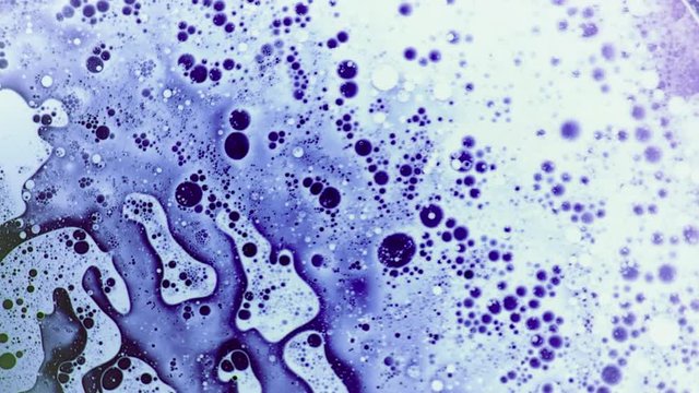 Scientific experiment, chemical reaction, fantastic structure of colorful bubbles. Spreading of disease-causing virus. Medical concept of healthy / diseased cells. Pathology diagnosis under microscope