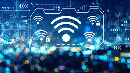 Wifi theme with blurred city lights at night