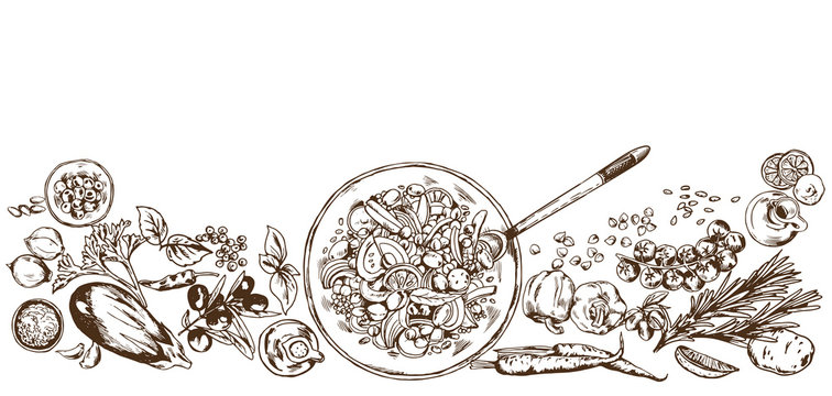 Hand Drawn Realistic Mediterranean  Food Ingredients Background.