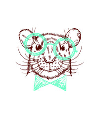 Vector rat funny image in glasses and bow.